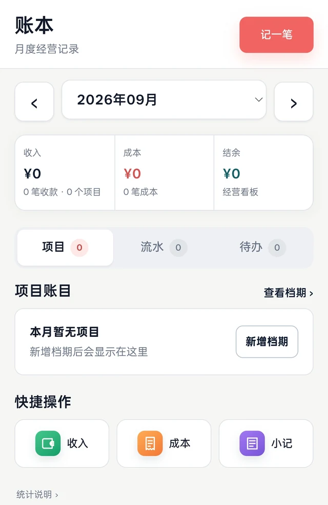 App 账本界面:收入、成本、结余汇总,下方按项目、流水、待办分类,并提供收入、成本、小记快捷入口