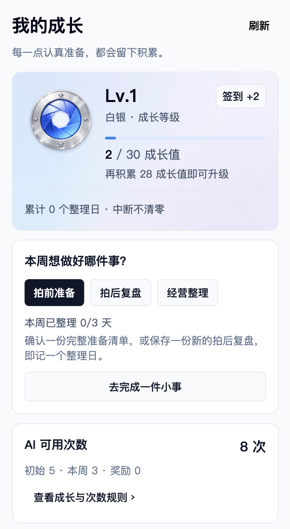 小程序我的成长页面:白银光圈徽章、升级进度、本周整理目标和 AI 可用次数